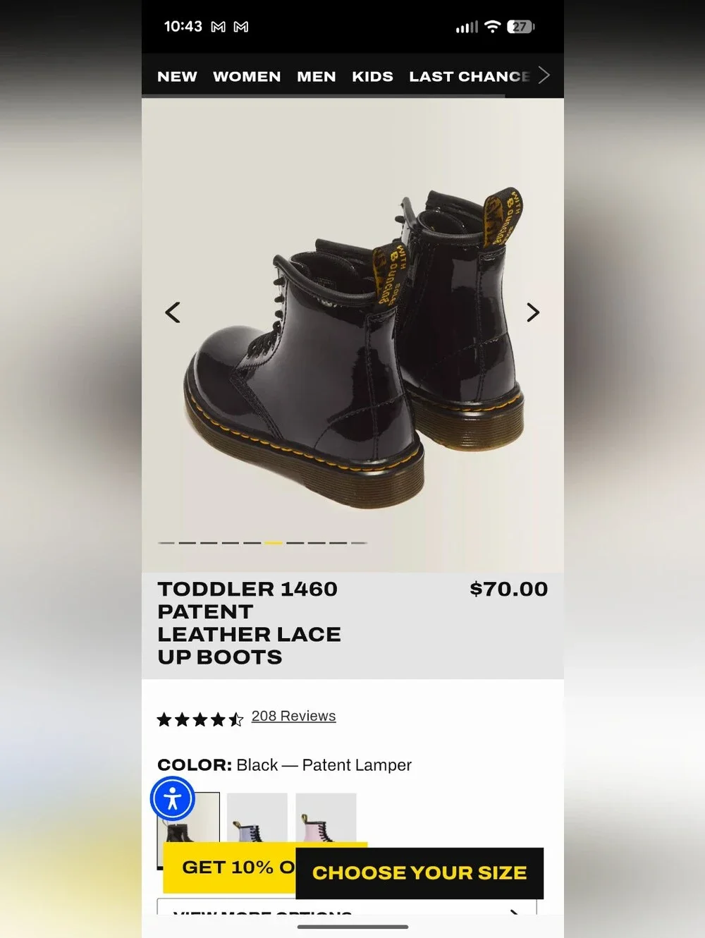 Youth Dr.MARTENS 1460  Patent Leather Lace Up Boots black Glossy Boots Size 2